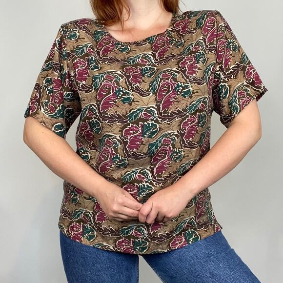 Vintage 80s Stunt Collections 100% Silk Neutral Brown Abstract Print Blouse Tee - Picture 5 of 13